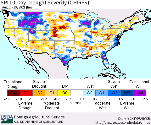 United States SPI 10-Day Drought Severity (CHIRPS) Thematic Map For 8/1/2021 - 8/10/2021