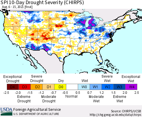 United States SPI 10-Day Drought Severity (CHIRPS) Thematic Map For 8/6/2021 - 8/15/2021