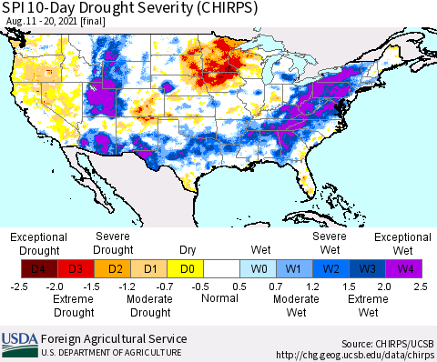 United States SPI 10-Day Drought Severity (CHIRPS) Thematic Map For 8/11/2021 - 8/20/2021