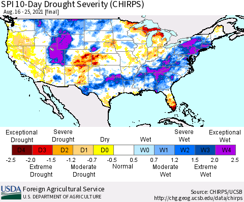 United States SPI 10-Day Drought Severity (CHIRPS) Thematic Map For 8/16/2021 - 8/25/2021