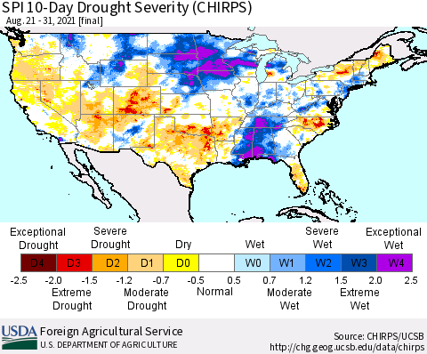 United States SPI 10-Day Drought Severity (CHIRPS) Thematic Map For 8/21/2021 - 8/31/2021