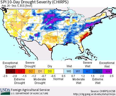 United States SPI 10-Day Drought Severity (CHIRPS) Thematic Map For 8/26/2021 - 9/5/2021
