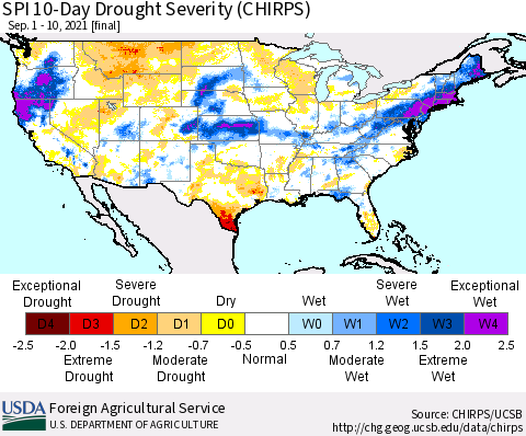 United States SPI 10-Day Drought Severity (CHIRPS) Thematic Map For 9/1/2021 - 9/10/2021
