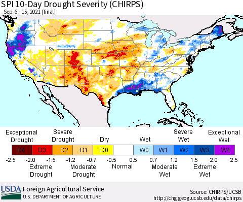United States SPI 10-Day Drought Severity (CHIRPS) Thematic Map For 9/6/2021 - 9/15/2021