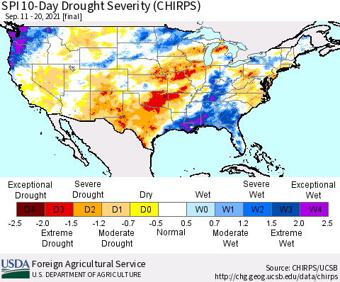 United States SPI 10-Day Drought Severity (CHIRPS) Thematic Map For 9/11/2021 - 9/20/2021