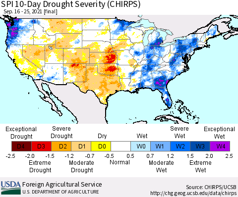 United States SPI 10-Day Drought Severity (CHIRPS) Thematic Map For 9/16/2021 - 9/25/2021