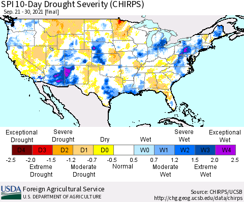 United States SPI 10-Day Drought Severity (CHIRPS) Thematic Map For 9/21/2021 - 9/30/2021