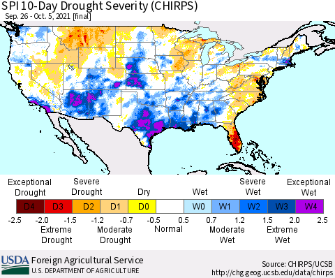 United States SPI 10-Day Drought Severity (CHIRPS) Thematic Map For 9/26/2021 - 10/5/2021