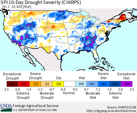 United States SPI 10-Day Drought Severity (CHIRPS) Thematic Map For 10/1/2021 - 10/10/2021