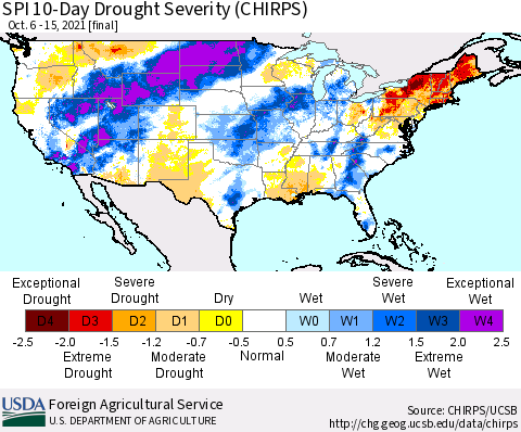 United States SPI 10-Day Drought Severity (CHIRPS) Thematic Map For 10/6/2021 - 10/15/2021