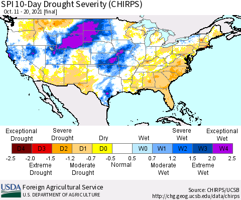United States SPI 10-Day Drought Severity (CHIRPS) Thematic Map For 10/11/2021 - 10/20/2021
