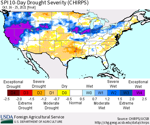 United States SPI 10-Day Drought Severity (CHIRPS) Thematic Map For 10/16/2021 - 10/25/2021