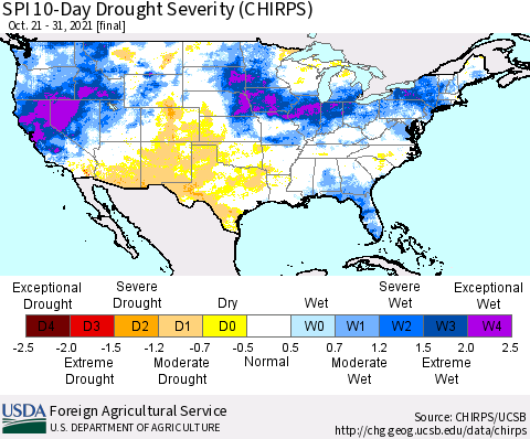 United States SPI 10-Day Drought Severity (CHIRPS) Thematic Map For 10/21/2021 - 10/31/2021
