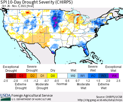 United States SPI 10-Day Drought Severity (CHIRPS) Thematic Map For 10/26/2021 - 11/5/2021