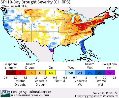 United States SPI 10-Day Drought Severity (CHIRPS) Thematic Map For 11/1/2021 - 11/10/2021