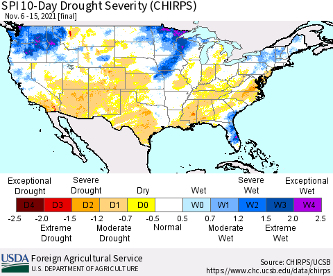 United States SPI 10-Day Drought Severity (CHIRPS) Thematic Map For 11/6/2021 - 11/15/2021