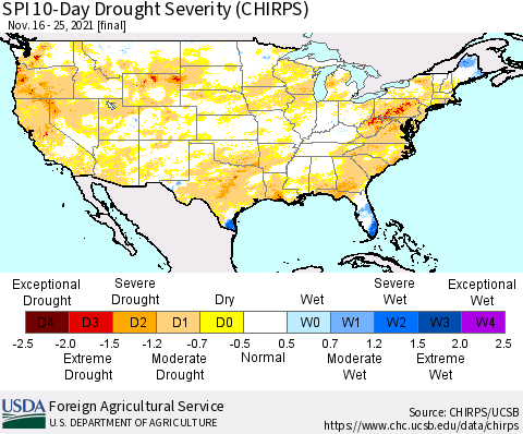 United States SPI 10-Day Drought Severity (CHIRPS) Thematic Map For 11/16/2021 - 11/25/2021