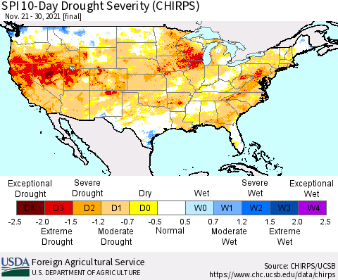 United States SPI 10-Day Drought Severity (CHIRPS) Thematic Map For 11/21/2021 - 11/30/2021