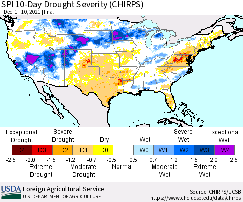 United States SPI 10-Day Drought Severity (CHIRPS) Thematic Map For 12/1/2021 - 12/10/2021