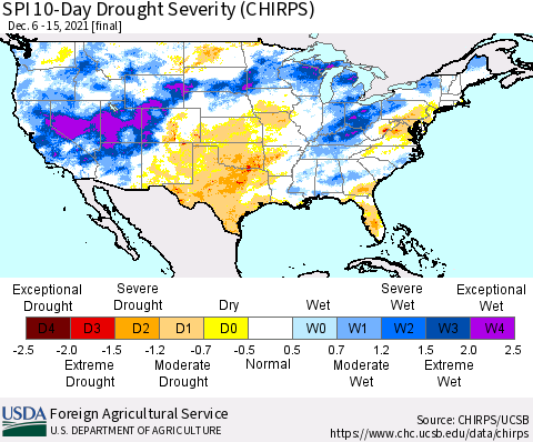 United States SPI 10-Day Drought Severity (CHIRPS) Thematic Map For 12/6/2021 - 12/15/2021