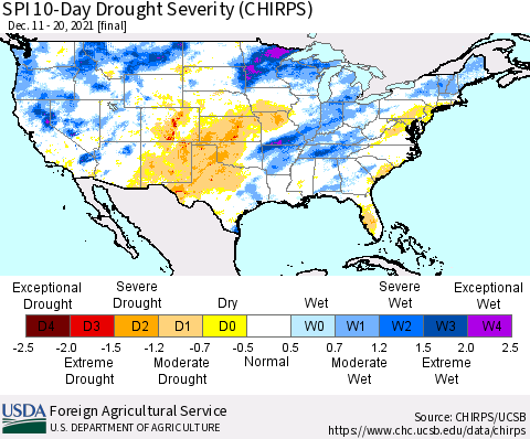 United States SPI 10-Day Drought Severity (CHIRPS) Thematic Map For 12/11/2021 - 12/20/2021