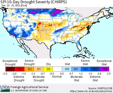 United States SPI 10-Day Drought Severity (CHIRPS) Thematic Map For 12/16/2021 - 12/25/2021