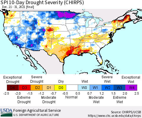 United States SPI 10-Day Drought Severity (CHIRPS) Thematic Map For 12/21/2021 - 12/31/2021