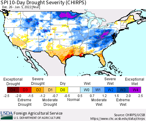 United States SPI 10-Day Drought Severity (CHIRPS) Thematic Map For 12/26/2021 - 1/5/2022