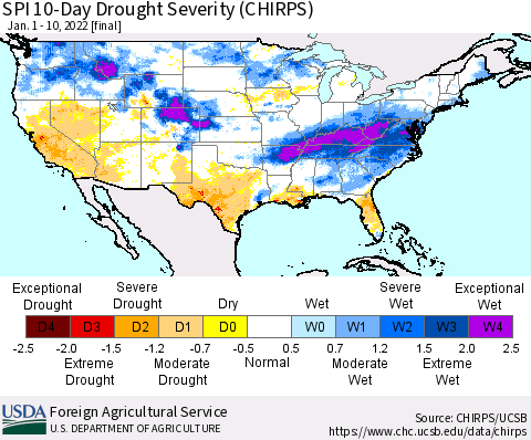 United States SPI 10-Day Drought Severity (CHIRPS) Thematic Map For 1/1/2022 - 1/10/2022