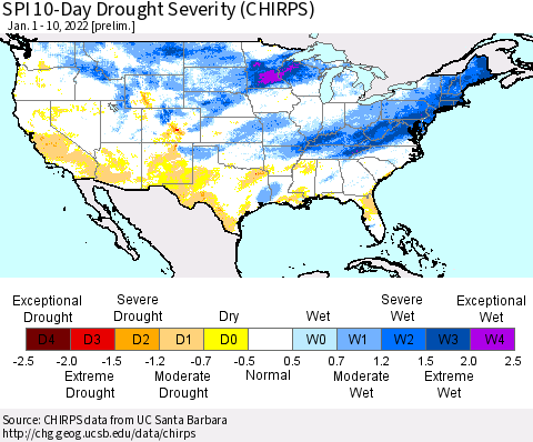 United States SPI 10-Day Drought Severity (CHIRPS) Thematic Map For 1/1/2022 - 1/10/2022