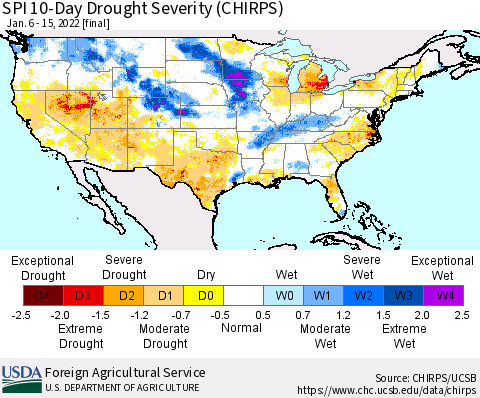 United States SPI 10-Day Drought Severity (CHIRPS) Thematic Map For 1/6/2022 - 1/15/2022