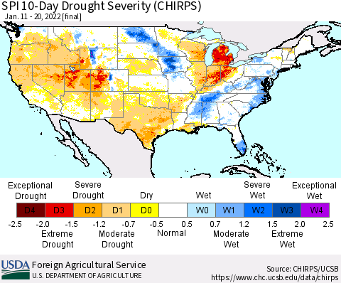 United States SPI 10-Day Drought Severity (CHIRPS) Thematic Map For 1/11/2022 - 1/20/2022
