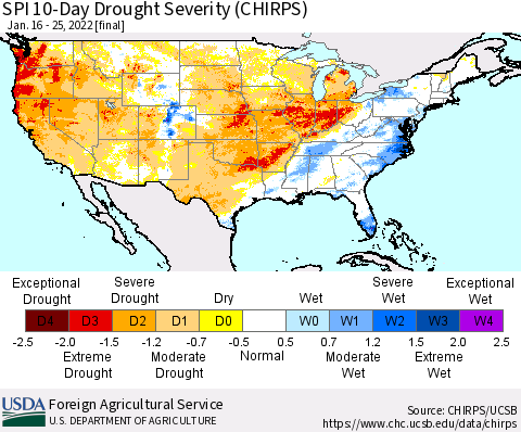 United States SPI 10-Day Drought Severity (CHIRPS) Thematic Map For 1/16/2022 - 1/25/2022