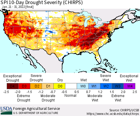 United States SPI 10-Day Drought Severity (CHIRPS) Thematic Map For 1/21/2022 - 1/31/2022