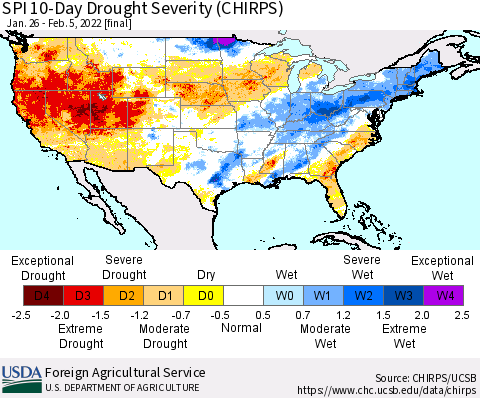United States SPI 10-Day Drought Severity (CHIRPS) Thematic Map For 1/26/2022 - 2/5/2022