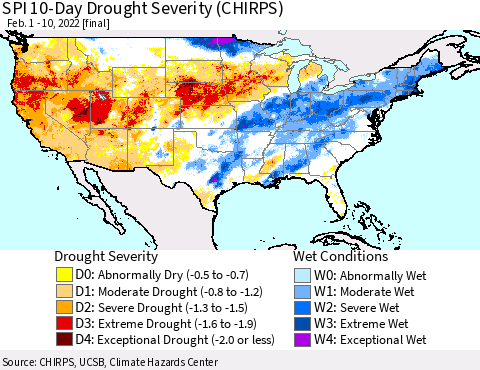 United States SPI 10-Day Drought Severity (CHIRPS) Thematic Map For 2/1/2022 - 2/10/2022