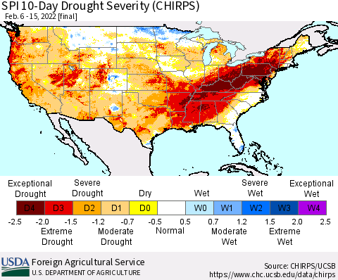 United States SPI 10-Day Drought Severity (CHIRPS) Thematic Map For 2/6/2022 - 2/15/2022