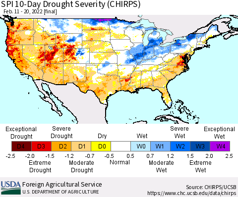 United States SPI 10-Day Drought Severity (CHIRPS) Thematic Map For 2/11/2022 - 2/20/2022