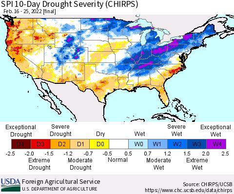 United States SPI 10-Day Drought Severity (CHIRPS) Thematic Map For 2/16/2022 - 2/25/2022