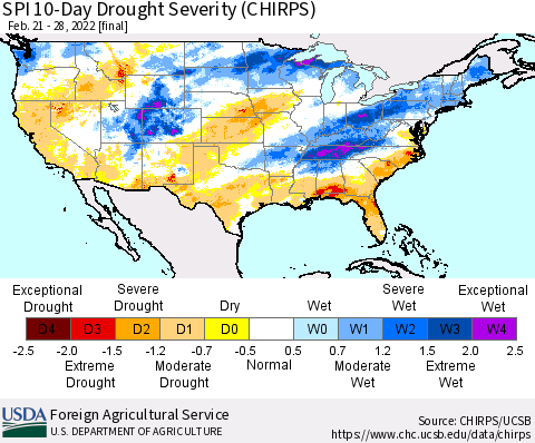 United States SPI 10-Day Drought Severity (CHIRPS) Thematic Map For 2/21/2022 - 2/28/2022