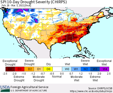 United States SPI 10-Day Drought Severity (CHIRPS) Thematic Map For 2/26/2022 - 3/5/2022