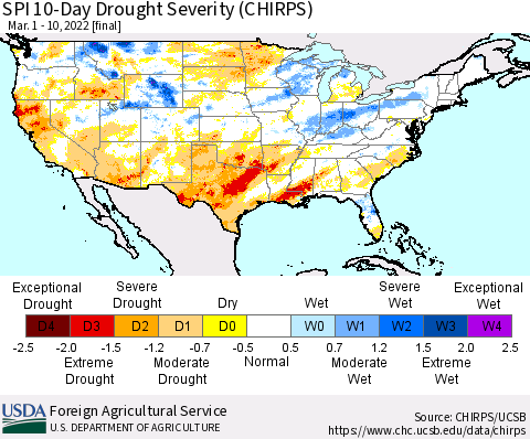 United States SPI 10-Day Drought Severity (CHIRPS) Thematic Map For 3/1/2022 - 3/10/2022
