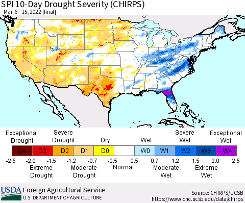 United States SPI 10-Day Drought Severity (CHIRPS) Thematic Map For 3/6/2022 - 3/15/2022