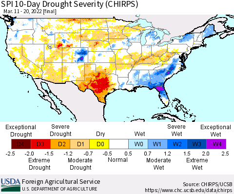 United States SPI 10-Day Drought Severity (CHIRPS) Thematic Map For 3/11/2022 - 3/20/2022