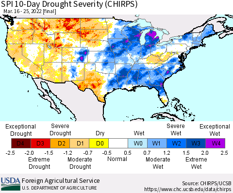 United States SPI 10-Day Drought Severity (CHIRPS) Thematic Map For 3/16/2022 - 3/25/2022