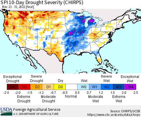 United States SPI 10-Day Drought Severity (CHIRPS) Thematic Map For 3/21/2022 - 3/31/2022
