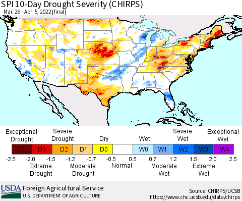 United States SPI 10-Day Drought Severity (CHIRPS) Thematic Map For 3/26/2022 - 4/5/2022