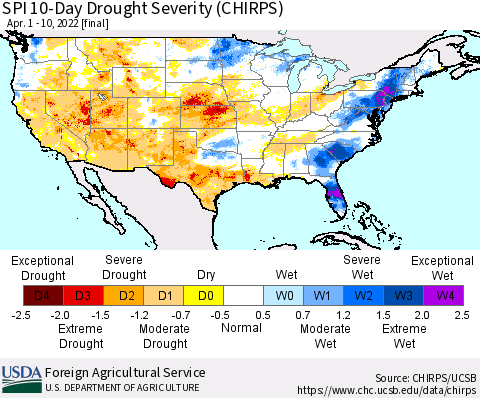 United States SPI 10-Day Drought Severity (CHIRPS) Thematic Map For 4/1/2022 - 4/10/2022