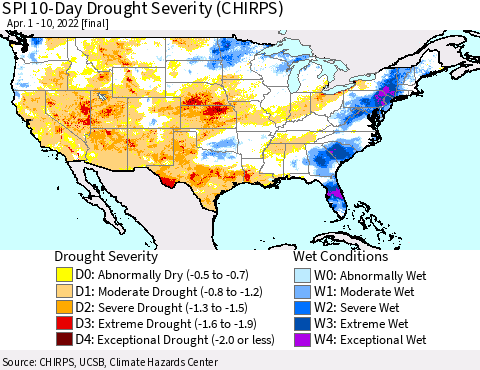 United States SPI 10-Day Drought Severity (CHIRPS) Thematic Map For 4/1/2022 - 4/10/2022