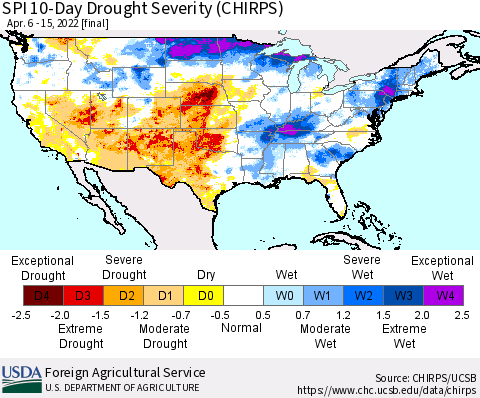 United States SPI 10-Day Drought Severity (CHIRPS) Thematic Map For 4/6/2022 - 4/15/2022